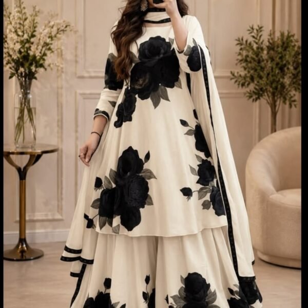 Elegant Black & Ivory Floral Suit Set
