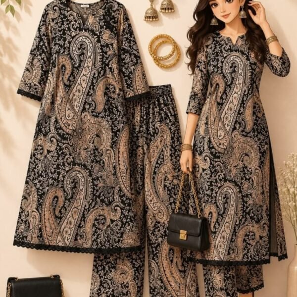 Elegant Black Paisley Printed 3-Piece Suit Set